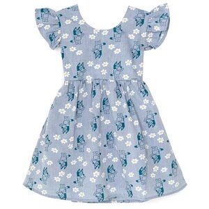 BLUEY chambray floral skater dress with winged ruffle sleeves, open back bow 7-8